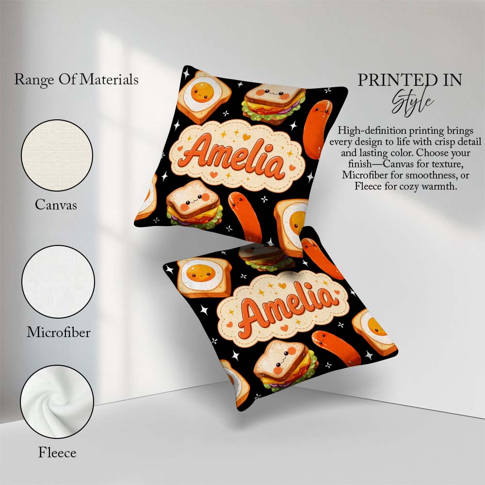 Custom Name Breakfast Food Characters Eggs Toast Sausage Sparkle Square Filled Cushion Throw Pillow Sofa Bed Home Decor Zip Washable UK Made