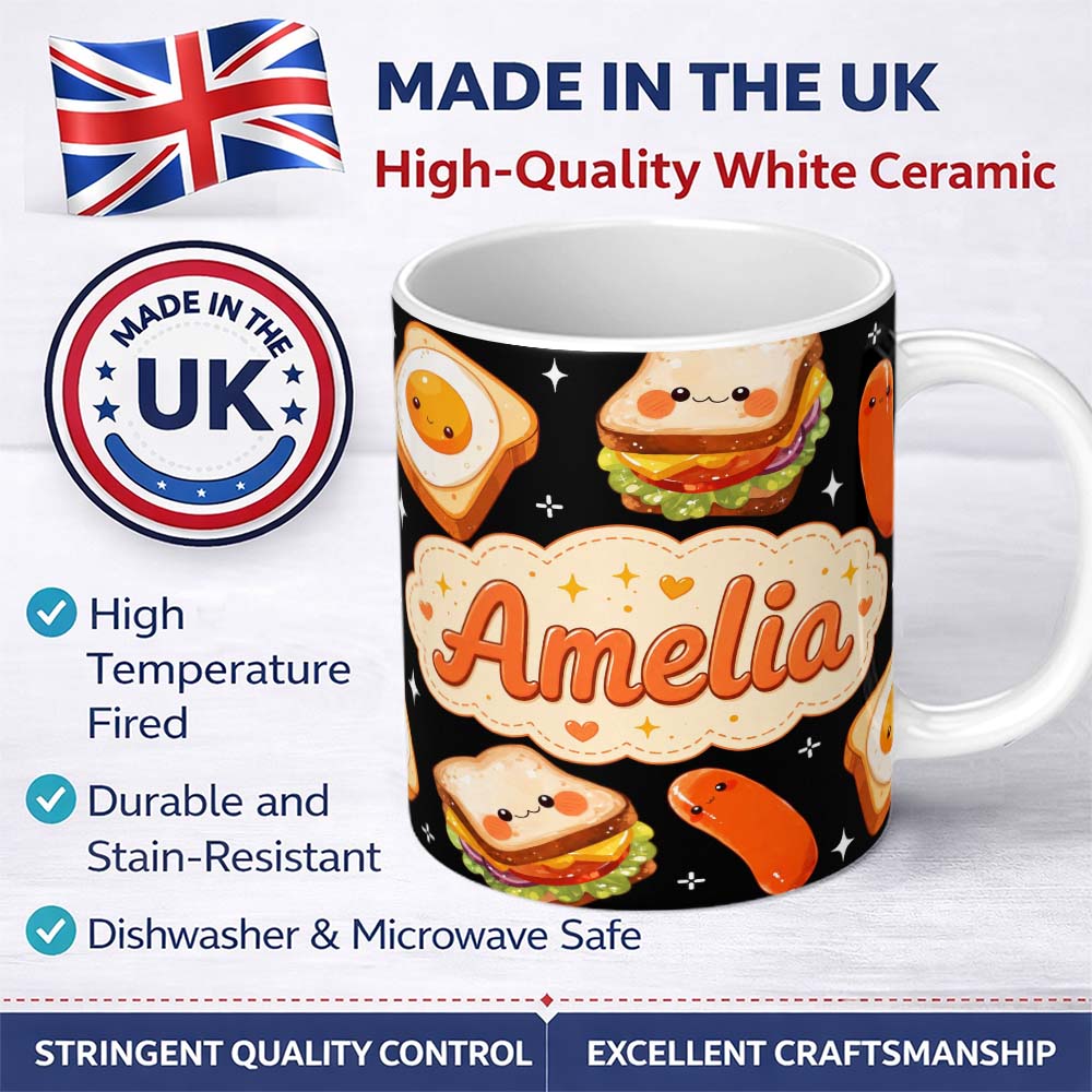 Personalized Custom Name Kawaii Breakfast Food Characters Eggs Toast Sausage Sparkle 11oz Ceramic Coffee Tea Mug White Large Handle