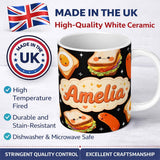 Personalized Custom Name Kawaii Breakfast Food Characters Eggs Toast Sausage Sparkle 11oz Ceramic Coffee Tea Mug White Large Handle