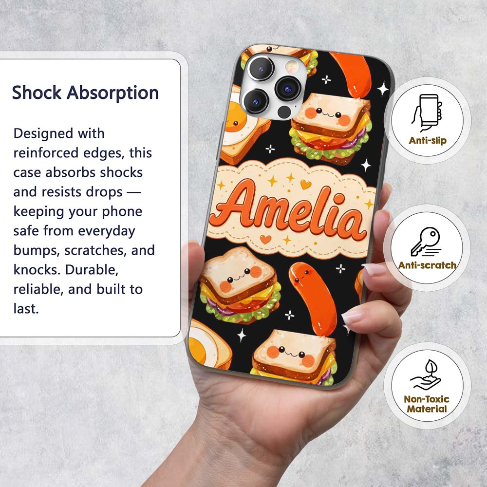 Kawaii Breakfast Food Characters Printed Design Custom Name Protective Phone Case Mobile Cover Durable Everyday Smartphone Shock Resistant
