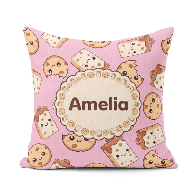 Custom Name Cute Chocolate Milk and Cookies Kawaii Cartoon Sweet Square Filled Cushion Throw Pillow Sofa Bed Home Decor Zip Washable UK Made