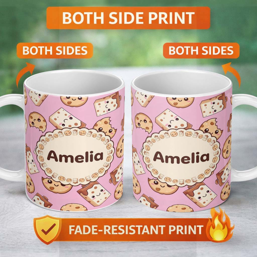 Personalized Custom Name Cute Chocolate Milk and Cookies Kawaii Cartoon Sweet Snacks 11oz Ceramic Coffee Tea Mug White Large Handle