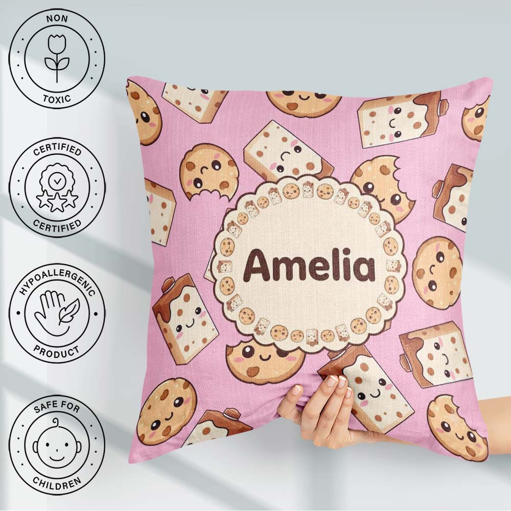 Custom Name Cute Chocolate Milk and Cookies Kawaii Cartoon Sweet Square Filled Cushion Throw Pillow Sofa Bed Home Decor Zip Washable UK Made
