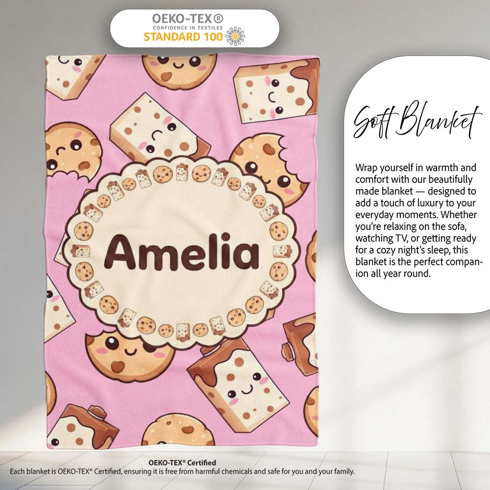 Cute Chocolate Milk and Cookies Kawaii Cartoon Sweet Snacks  Personalised Custom Name Super Soft Fleece Blanket Bed Sofa Throw