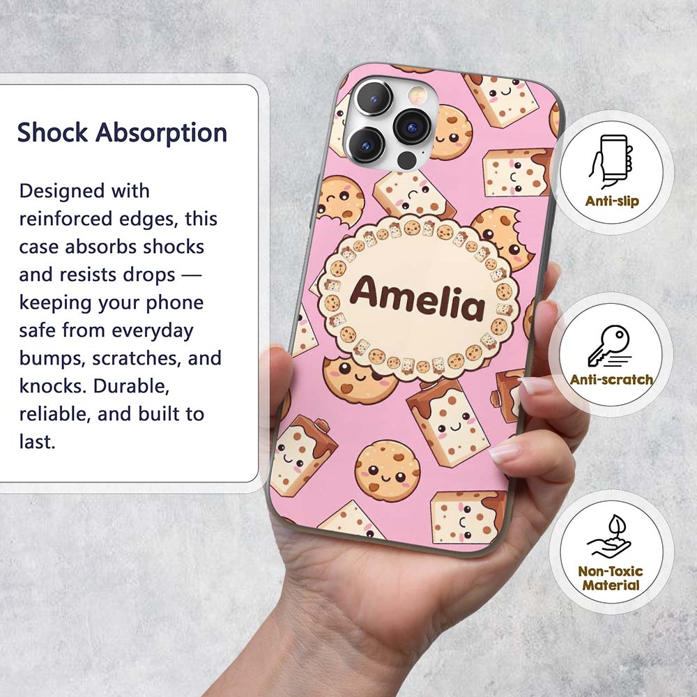 Cute Chocolate Milk and Cookies Kawaii Cartoon Custom Name Protective Phone Case Mobile Cover Durable Everyday Smartphone Shock Resistant