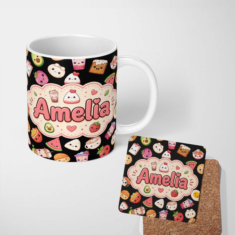 Personalized Custom Name Kawaii Food Collection Sushi Fruit Drinks Cute Cartoon Seamless 11oz Ceramic Coffee Tea Mug White Large Handle