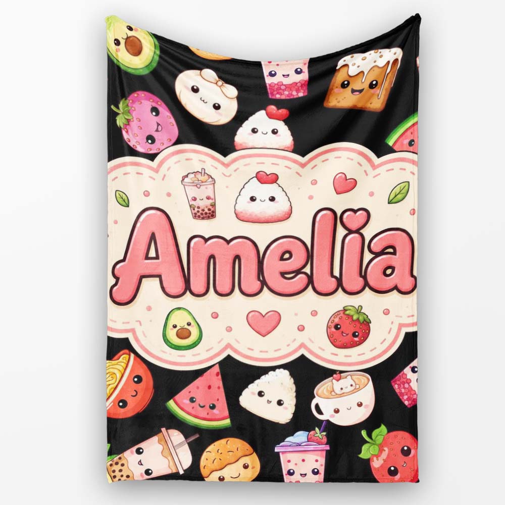 Kawaii Food Collection Sushi Fruit Drinks Cute Cartoon Seamless  Personalised Custom Name Super Soft Fleece Blanket Bed Sofa Throw