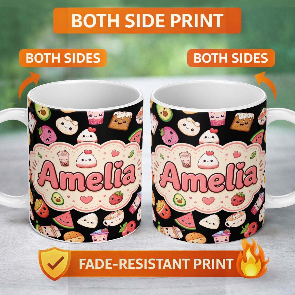 Personalized Custom Name Kawaii Food Collection Sushi Fruit Drinks Cute Cartoon Seamless 11oz Ceramic Coffee Tea Mug White Large Handle