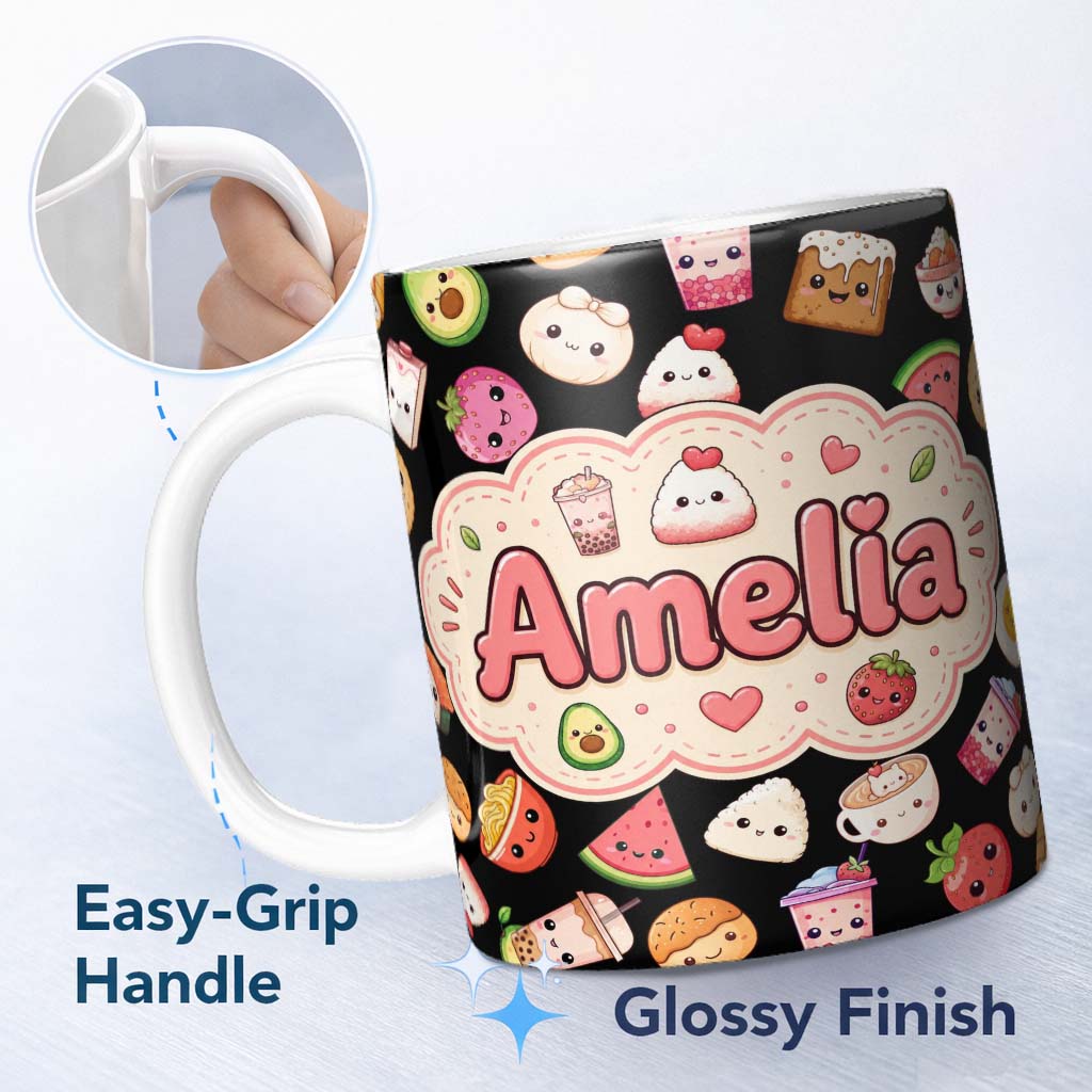 Personalized Custom Name Kawaii Food Collection Sushi Fruit Drinks Cute Cartoon Seamless 11oz Ceramic Coffee Tea Mug White Large Handle