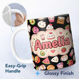 Personalized Custom Name Kawaii Food Collection Sushi Fruit Drinks Cute Cartoon Seamless 11oz Ceramic Coffee Tea Mug White Large Handle