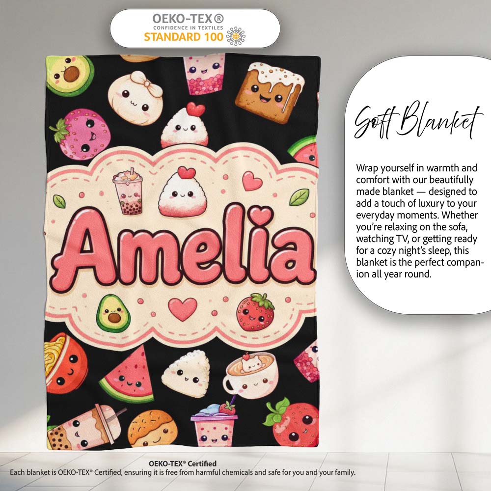 Kawaii Food Collection Sushi Fruit Drinks Cute Cartoon Seamless  Personalised Custom Name Super Soft Fleece Blanket Bed Sofa Throw