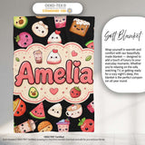 Kawaii Food Collection Sushi Fruit Drinks Cute Cartoon Seamless  Personalised Custom Name Super Soft Fleece Blanket Bed Sofa Throw