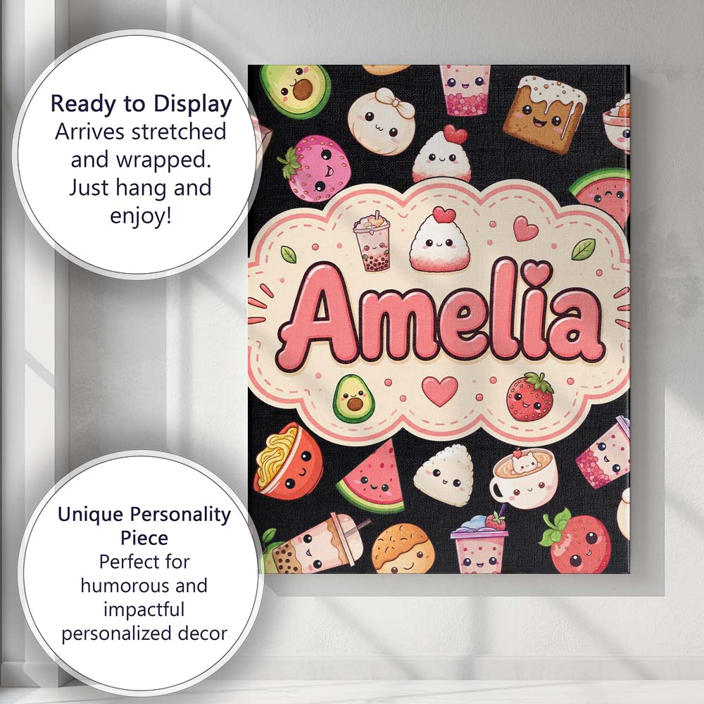 Personalised Name Kawaii Food Collection Custom  Unique Gift Idea Elegant Feature Canvas Wall Art Print Decor Picture Ready to Hang