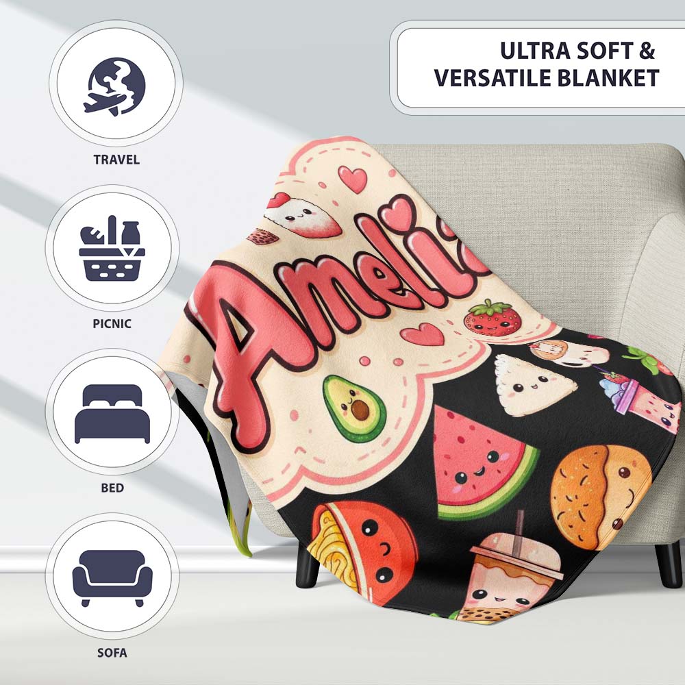 Kawaii Food Collection Sushi Fruit Drinks Cute Cartoon Seamless  Personalised Custom Name Super Soft Fleece Blanket Bed Sofa Throw