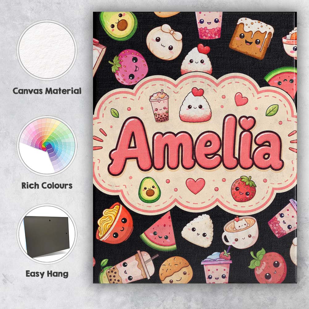 Personalised Name Kawaii Food Collection Custom  Unique Gift Idea Elegant Feature Canvas Wall Art Print Decor Picture Ready to Hang