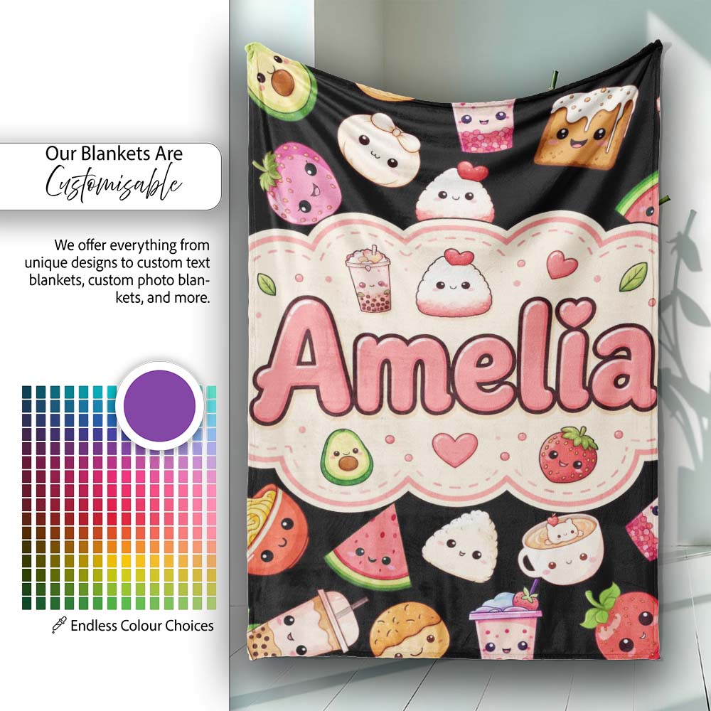 Kawaii Food Collection Sushi Fruit Drinks Cute Cartoon Seamless  Personalised Custom Name Super Soft Fleece Blanket Bed Sofa Throw