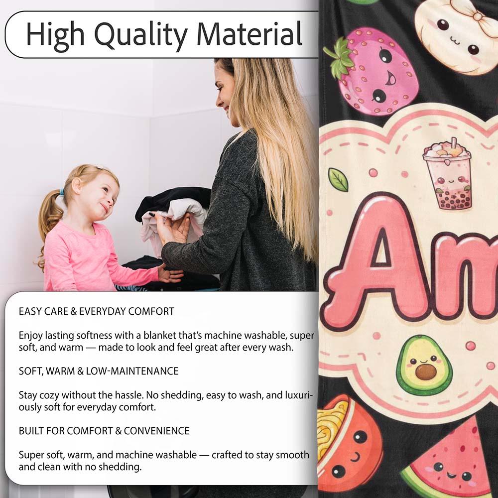 Kawaii Food Collection Sushi Fruit Drinks Cute Cartoon Seamless  Personalised Custom Name Super Soft Fleece Blanket Bed Sofa Throw