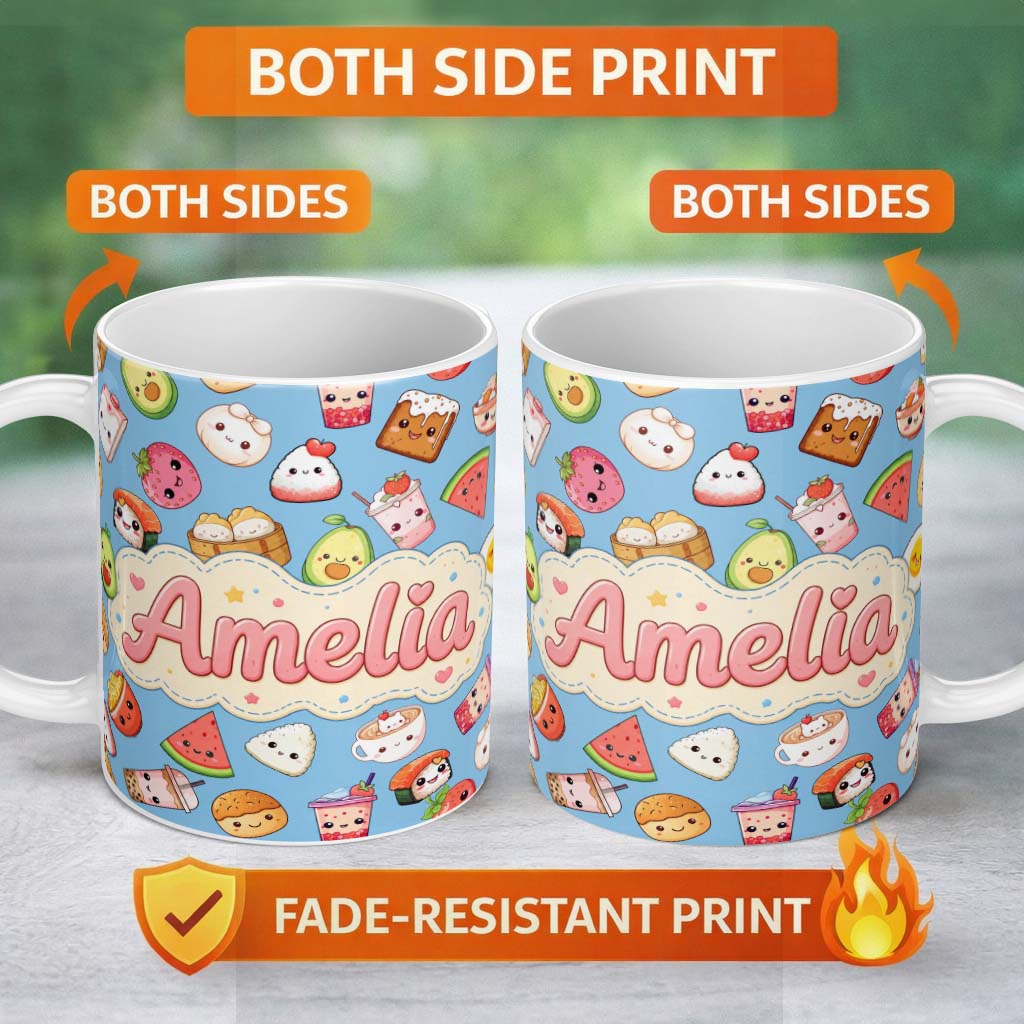 Personalized Custom Name Kawaii Food Collection Sushi Fruit Drinks Blue Background Cute 11oz Ceramic Coffee Tea Mug White Large Handle