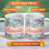 Personalized Custom Name Kawaii Food Collection Sushi Fruit Drinks Blue Background Cute 11oz Ceramic Coffee Tea Mug White Large Handle