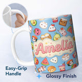 Personalized Custom Name Kawaii Food Collection Sushi Fruit Drinks Blue Background Cute 11oz Ceramic Coffee Tea Mug White Large Handle