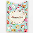 Kawaii Food Collection Sushi Fruit Drink Green Background Cute  Personalised Custom Name Super Soft Fleece Blanket Bed Sofa Throw