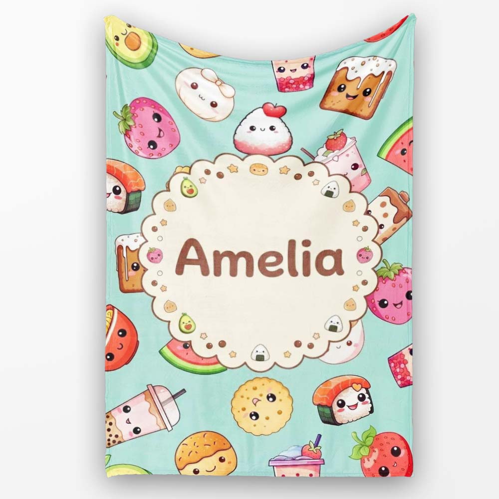 Kawaii Food Collection Sushi Fruit Drink Green Background Cute  Personalised Custom Name Super Soft Fleece Blanket Bed Sofa Throw