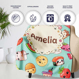Kawaii Food Collection Sushi Fruit Drink Green Background Cute  Personalised Custom Name Super Soft Fleece Blanket Bed Sofa Throw