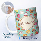Personalized Custom Name Kawaii Food Collection Sushi Fruit Drink Green Background Cute 11oz Ceramic Coffee Tea Mug White Large Handle