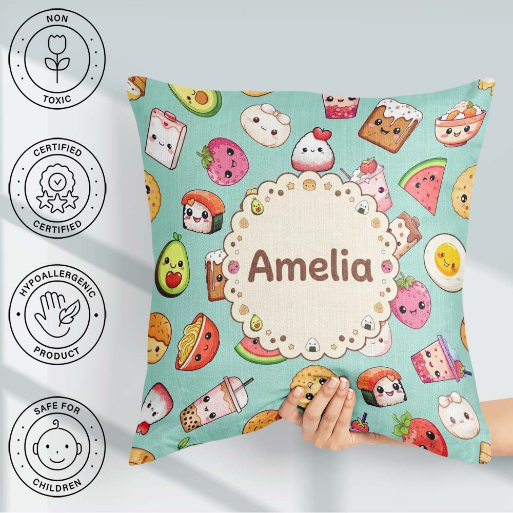 Custom Name Kawaii Food Collection Sushi Fruit Drink Green Cute Square Filled Cushion Throw Pillow Sofa Bed Home Decor Zip Washable UK Made