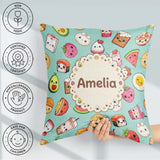 Custom Name Kawaii Food Collection Sushi Fruit Drink Green Cute Square Filled Cushion Throw Pillow Sofa Bed Home Decor Zip Washable UK Made