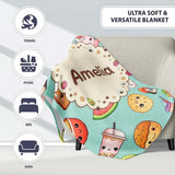 Kawaii Food Collection Sushi Fruit Drink Green Background Cute  Personalised Custom Name Super Soft Fleece Blanket Bed Sofa Throw