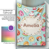 Kawaii Food Collection Sushi Fruit Drink Green Background Cute  Personalised Custom Name Super Soft Fleece Blanket Bed Sofa Throw