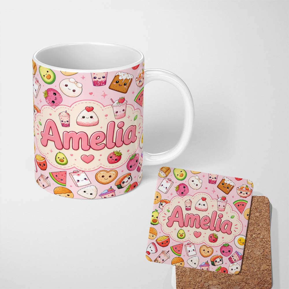 Personalized Custom Name Kawaii Food Collection Sushi Fruit Drinks Pink Background Cute 11oz Ceramic Coffee Tea Mug White Large Handle