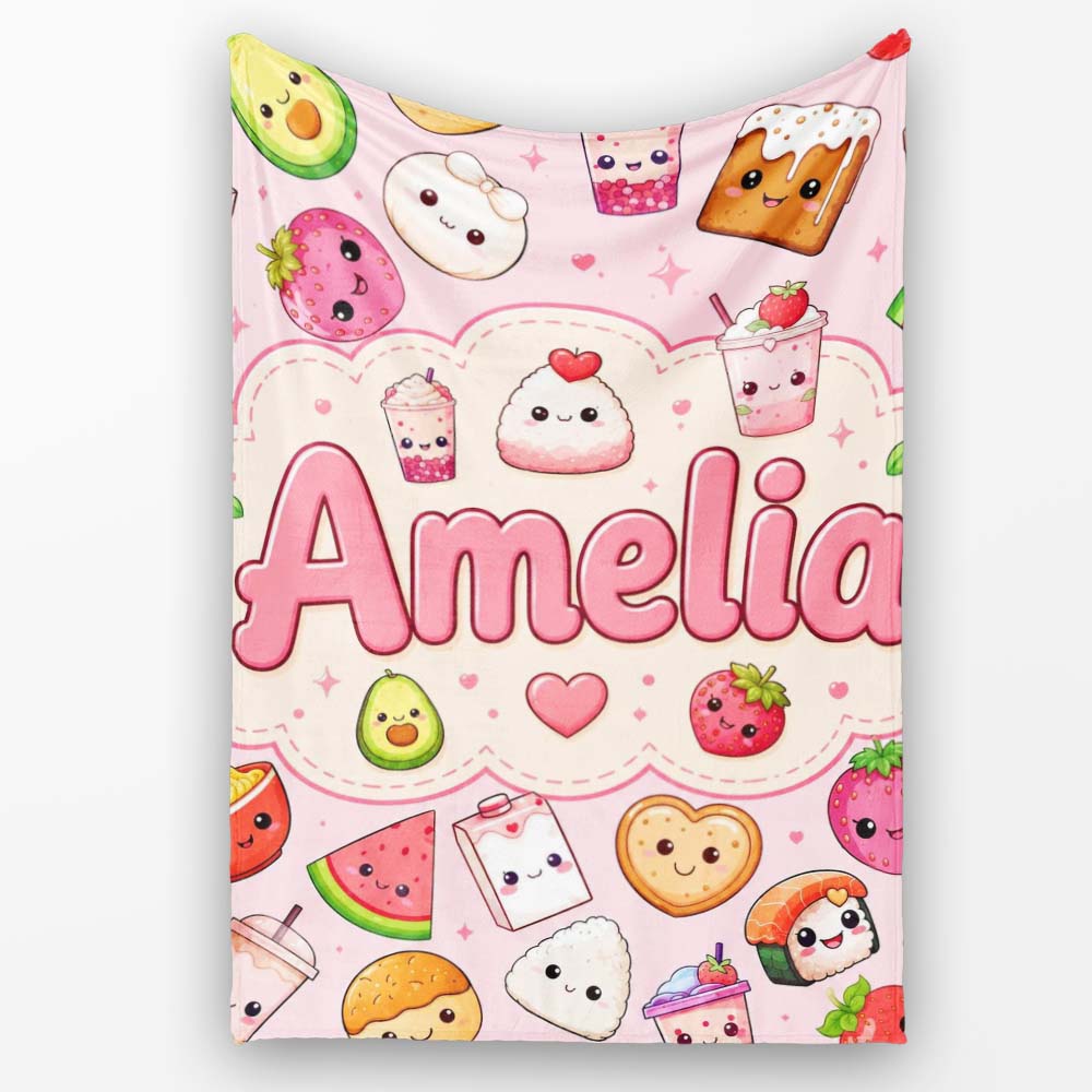 Kawaii Food Collection Sushi Fruit Drinks Pink Background Cute  Personalised Custom Name Super Soft Fleece Blanket Bed Sofa Throw