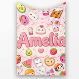 Kawaii Food Collection Sushi Fruit Drinks Pink Background Cute  Personalised Custom Name Super Soft Fleece Blanket Bed Sofa Throw