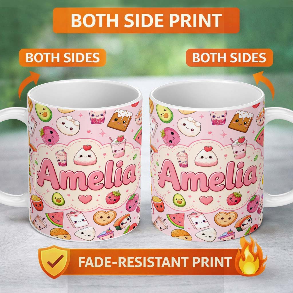 Personalized Custom Name Kawaii Food Collection Sushi Fruit Drinks Pink Background Cute 11oz Ceramic Coffee Tea Mug White Large Handle