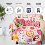 Kawaii Food Collection Sushi Fruit Drinks Pink Background Cute  Personalised Custom Name Super Soft Fleece Blanket Bed Sofa Throw