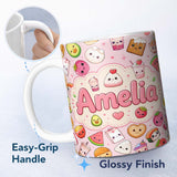 Personalized Custom Name Kawaii Food Collection Sushi Fruit Drinks Pink Background Cute 11oz Ceramic Coffee Tea Mug White Large Handle