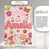 Kawaii Food Collection Sushi Fruit Drinks Pink Background Cute  Personalised Custom Name Super Soft Fleece Blanket Bed Sofa Throw
