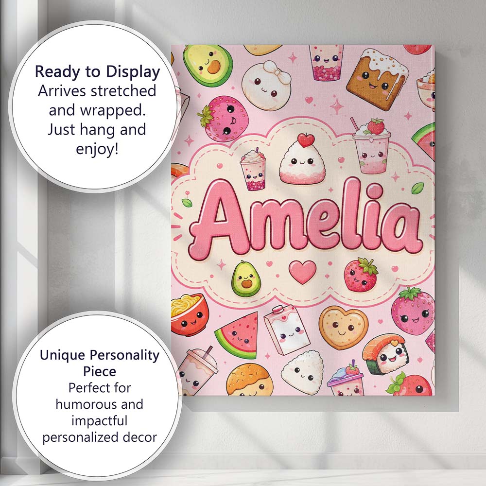 Personalised Name Kawaii Food Collection Custom  Unique Gift Idea Elegant Feature Canvas Wall Art Print Decor Picture Ready to Hang
