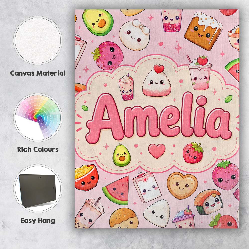 Personalised Name Kawaii Food Collection Custom  Unique Gift Idea Elegant Feature Canvas Wall Art Print Decor Picture Ready to Hang