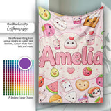 Kawaii Food Collection Sushi Fruit Drinks Pink Background Cute  Personalised Custom Name Super Soft Fleece Blanket Bed Sofa Throw