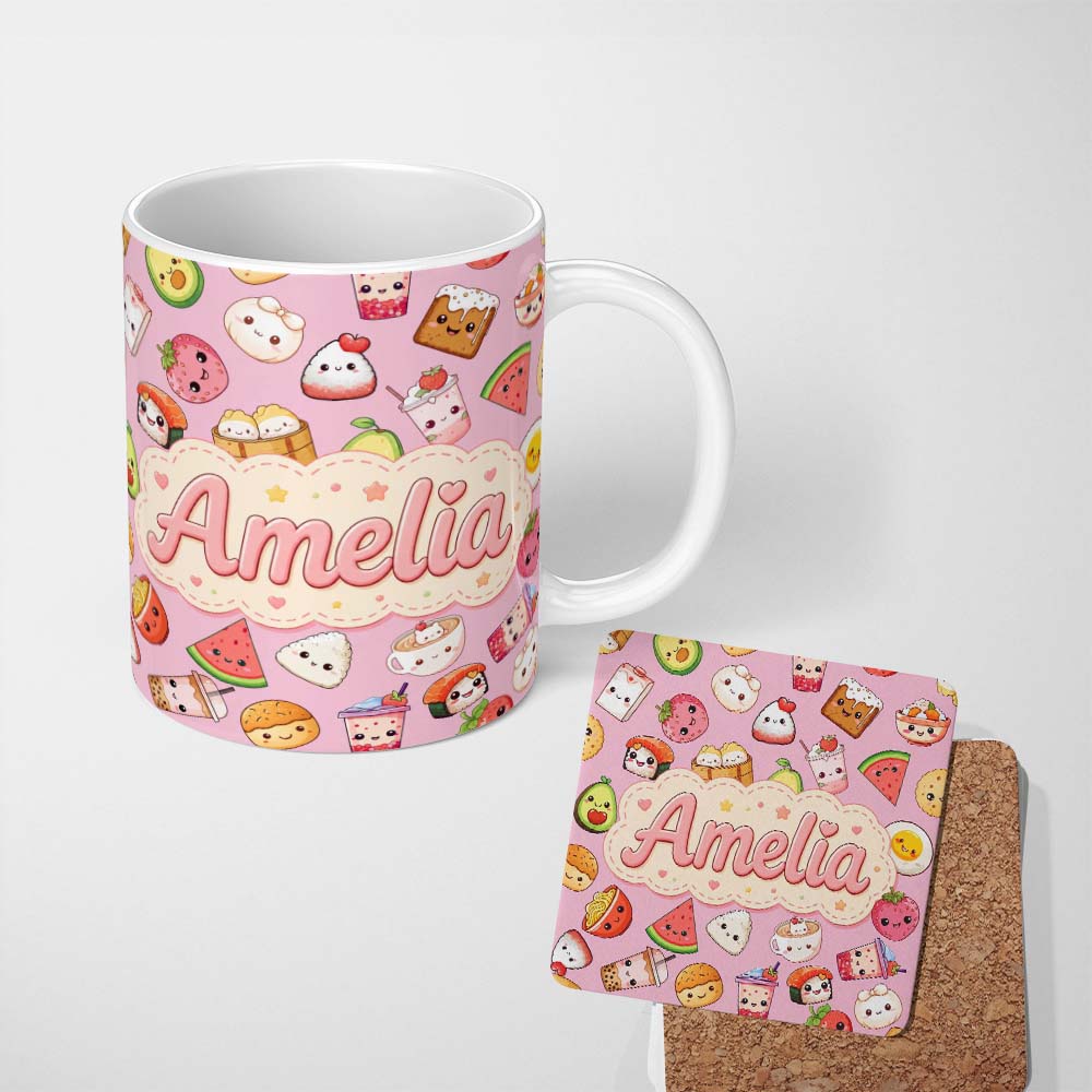 Personalized Custom Name Kawaii Food Collection Sushi Fruit Drinks Soft Pink Cute Seamless 11oz Ceramic Coffee Tea Mug White Large Handle