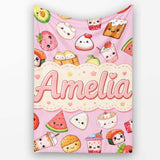 Kawaii Food Collection Sushi Fruit Drinks Soft Pink Cute Seamless  Personalised Custom Name Super Soft Fleece Blanket Bed Sofa Throw