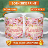 Personalized Custom Name Kawaii Food Collection Sushi Fruit Drinks Soft Pink Cute Seamless 11oz Ceramic Coffee Tea Mug White Large Handle