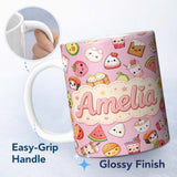 Personalized Custom Name Kawaii Food Collection Sushi Fruit Drinks Soft Pink Cute Seamless 11oz Ceramic Coffee Tea Mug White Large Handle