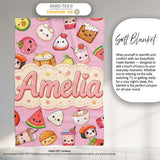 Kawaii Food Collection Sushi Fruit Drinks Soft Pink Cute Seamless  Personalised Custom Name Super Soft Fleece Blanket Bed Sofa Throw