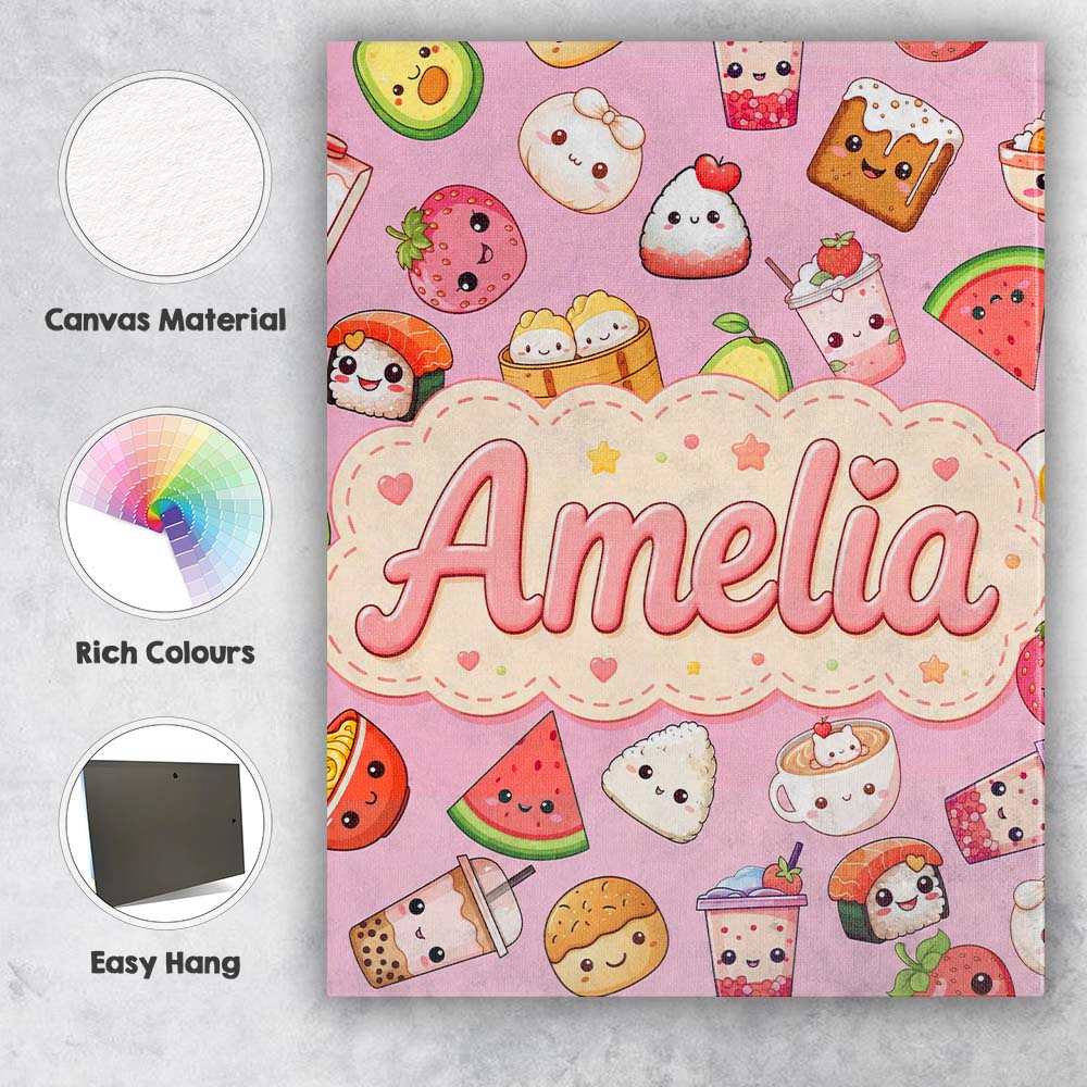 Personalised Name Kawaii Food Collection Custom  Unique Gift Idea Elegant Feature Canvas Wall Art Print Decor Picture Ready to Hang