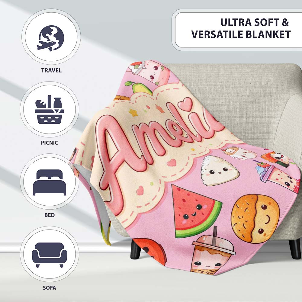 Kawaii Food Collection Sushi Fruit Drinks Soft Pink Cute Seamless  Personalised Custom Name Super Soft Fleece Blanket Bed Sofa Throw