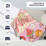 Kawaii Food Collection Sushi Fruit Drinks Soft Pink Cute Seamless  Personalised Custom Name Super Soft Fleece Blanket Bed Sofa Throw